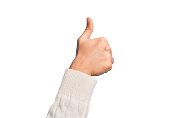 Hand of caucasian young man showing fingers over isolated white background doing successful approval gesture with thumbs up, validation and positive symbol