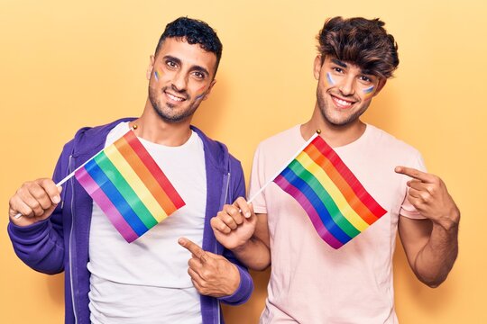 Young gay couple holding rainbow lgbtq flags smiling happy pointing with hand and finger