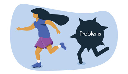 Man avoids problems, girl runs away from troubles, uncomfortable situation, vector illustration in flat style for psychologists, websites, business