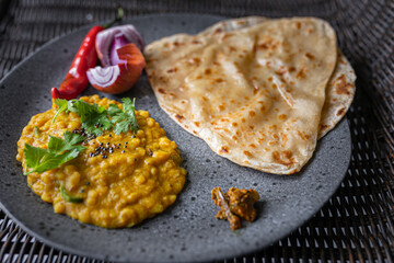 Dhal fry with roti, Indian cooking