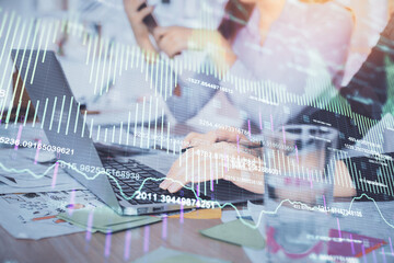 Multi exposure of woman hands typing on computer and forex chart hologram drawing. Stock market analysis concept.