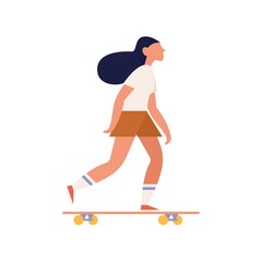 Fototapeta premium Modern active girl riding long board. Young millennial woman on personal urban vehicle. Extreme summer skating, active street sport. Flat vector cartoon illustration isolated on white background