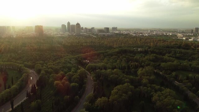 Aerial view of the city of Erbil with trees, skyscrapers and park.