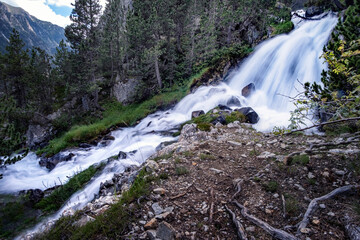 Mountain river through a pine forest Panticosa waterfall in the Spanish Pyrenees