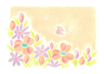 色とりどりの花壇の上を蝶々が一匹、花や蕾に向かって飛んでいる