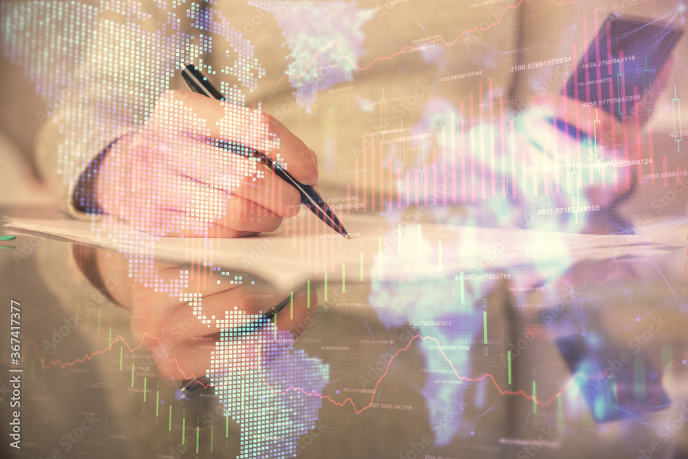 Aufkleber double exposure of forex chart sketch hologram and woman holding and using a mobile device. financia