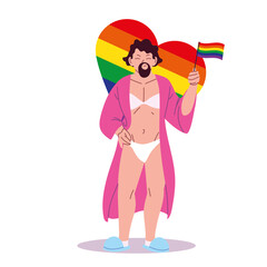 transvestite man cartoon with lgbti heart and flag vector design