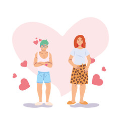 Couple of woman and man cartoons with hearts vector design