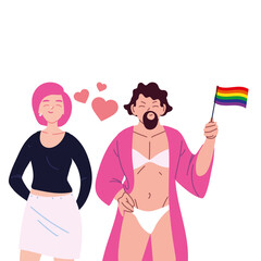 woman and transvestite man cartoons with lgtbi flag and hearts vector design