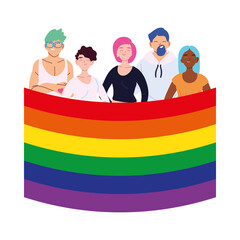 women and men cartoons with lgbti flag vector design