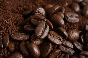 Close up,Coffee beans and ground (powder) coffee,Background.