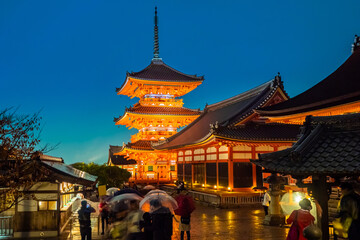 Japan. Kyoto. Temple of pure water in Japan. Kiyomizu Dera Temple. Buddhist temple with evening illumination. Rainy evening in Kyoto. Traditional Japanese architecture. Sights Of Japan.