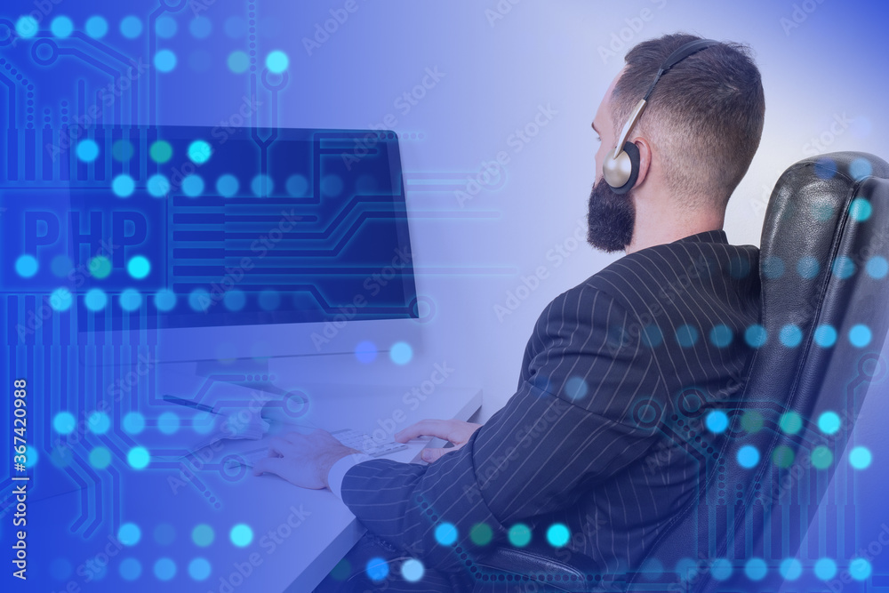 Poster a man in a business suit is working at a computer. programmer on a background resembling a printed c