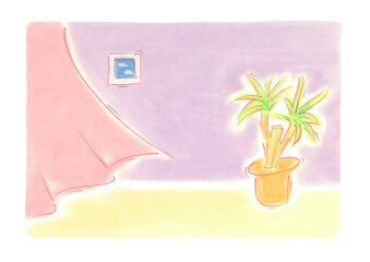 窓際の揺れるカーテンの近くに絵が飾られ、反対側に観葉植物が象徴的にある室内の景色

