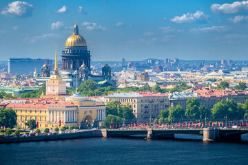 Fototapeta na wymiar Saint Petersburg in summer. Russia. View from the height of the Admiralty and St. Isaacs Cathedral. Panorama Of St. Petersburg. View of the center of Petersburg from the Neva river.
