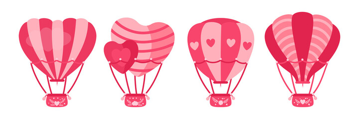 Hot air balloon flat set. Heart shaped or circle pink color. Cartoon Valentine day design air balloons collection. Festivals, summer wedding journey air transport. Vector Isolated illustration