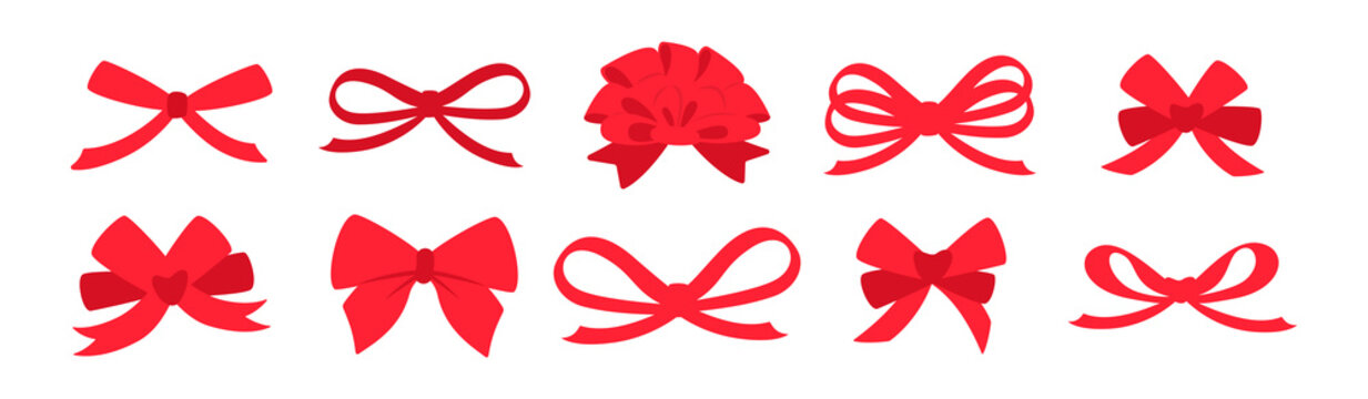 Ribbon bow red set. Valentine day or wedding decorated tape bows. Cartoon elements for present, celebration and congratulation. Isolated on white background vector illustration