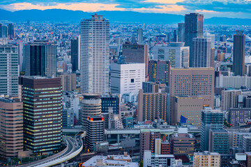 Fototapeta premium Japan. Osaka. The business part of Osaka from a height. Office buildings in downtown Osaka. Modern urban architecture. Cities of Japan. Travel to East Asia.