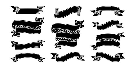 Ribbon hand drawn set. Black engraving different ribbons sketch cartoon collection. Tape blank for greeting cards, banners invitations. Web icon kit of text banner tapes. Isolated vector illustration