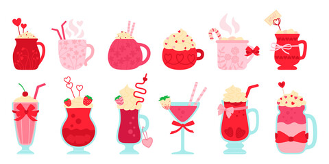Drinks valentines day flat set. Cartoon cocktail, beverages hot and fresh. Cute mugs cocoa, coffee milk, cream alcoholic for menu. Party drinks decorated candy, hearts. Isolated vector illustration