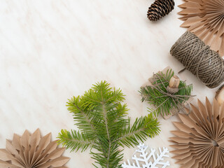 Hand crafted gifts with natural Christmas decorations without plastic. Copy space