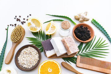 Set of Soap Eco Bag, bamboo toothbrush, natural Eco cosmetics products and tools.