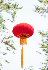 Obraz premium Handmade Fabric red lanterns isolated on the green leaves and white sky background for Chinese new year in a chinatown