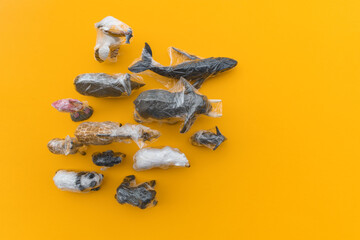 Animals is entangled in a plastic bag. Plastic animal concept.