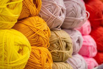 The texture of multi-colored fluffy woolen threads for knitting.