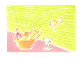 ブラインドカーテンの手前にかごに入ったパンと飲み物、卵は元気に浮いている