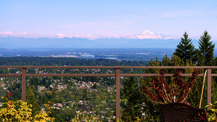 stunning vista across Fraser Valley, BC, with a rose-tinged Mount Baker on horizon