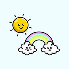 cute character of clouds with a rainbow and the sun illustration vector