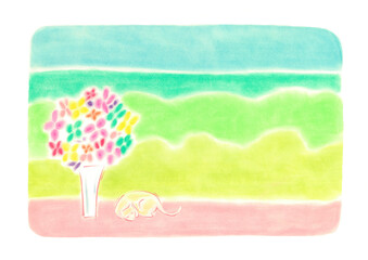 縁側で寝ている猫の横に花瓶が立っている、バックには緑と海が見える
