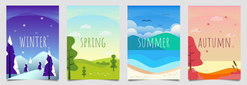 Flat design, Illustration set season element or flowers background, winter, spring, summer, autumn, banner, cover, templates, posters. Nature abstract minimal modern. Holiday banner fyer design.