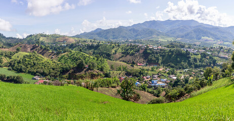 Panoramic of rice paddies farm with village surrounded by mountains. Thailand