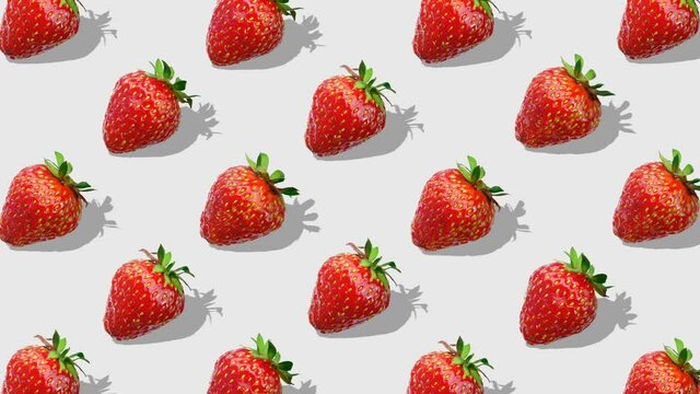 Beautiful background from  of large group of red juicy strawberries berries. Fresh juicy strawberry rotating on white background. Flat lay, top view. Isometric view. Seamless loop video. 