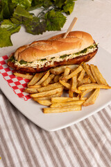 Choripan argentino en plato con papas fritas. Plato argentino tradicional de chorizo pan baguette chimichurri. queso 