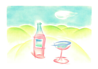 ワイングラスとワインが手前にあり、バックはこんもりとした緑とボテっとした雲があり、不思議な世界観を出している