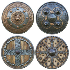 Collection of various military round shields with metal and wood construction and decorative designs  on an isolated white background. 3d rendering 