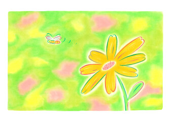 カラフルな花畑のなかの一輪の花に、ハチがゆらゆらと向かっている