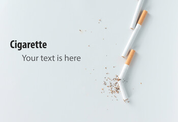 broken cigarette lay on white background from top view with copy space. World No Tobacco Day Tobacco and lung health concept .