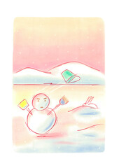 雪だるまとウサギが見える雪景色で、バックは夕焼けの雪山