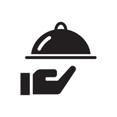 Obraz premium Hand with tray, serving food, waiter icon vector illustration. Flat style design. 