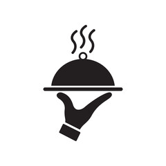 Fototapeta premium Hand with tray, serving food, waiter icon vector illustration. Flat style design. 