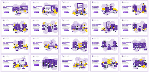 Set of landing page design templates, Big collection concept of blockchain, and Cryptocurrency flat vector illustration. can use for web banner, infographics, landing page, web template