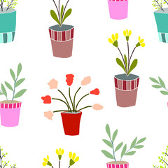 Indoor flowers in cute pots. Vector seamless pattern. Design for wrapping, print, wallpaper. 