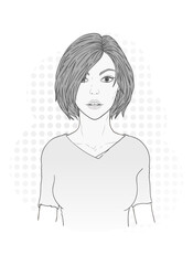 Vector illustration of a beautiful young woman with a modern short haircut on a white background. Monochrome image.