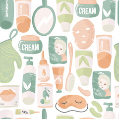 Skin care routine seamless pattern. Beauty spa face and body care repeated background. Cleansing, moisturizing, treating. Hand drawn vector seamless pattern. Cartoon style. Flat design