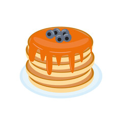 pancake with blueberries, maple syrup, honey on a plate in vector flat style, single element for design. food, american dessert