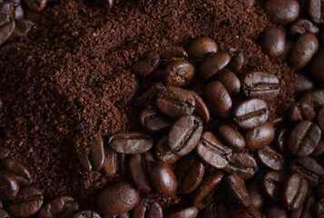  Close up,Coffee beans and ground (powder) coffee,Top view,Background.